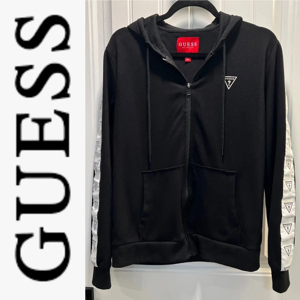 Guess Black Hooded Jacket with White Logo Strips down Sleeves. Size XS.